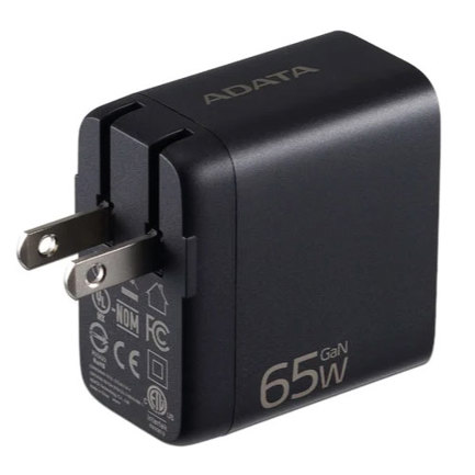 Cargador de USB Adata de Pared 65W con 2 Puertos Tipo C y 1 Puerto USB a Enchufe Plegable colo Negro - Vista 2
