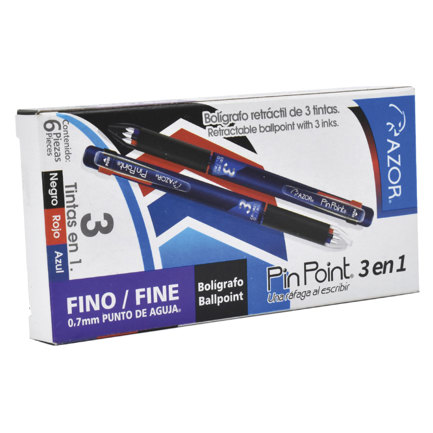 Boligrafo azor pin point retractil 3 en 1 negro azul y rojo punto fino 0.7mm caja c/6