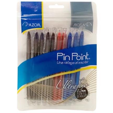 Bolígrafo azor pin point ultrafino redondo punta aguja fina 0.5 mm colores surtidos c/10