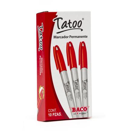 Marcador baco tatoo permanente punto fino color rojo c/10 pzas