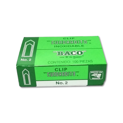 Clip baco cuadradito #2 niquelado paquete c/10 cajas c/100 clips c/u