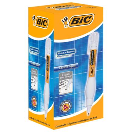Corrector l&iacute;quido bic shake n squeeze tipo pluma 8ml c/12 pzas