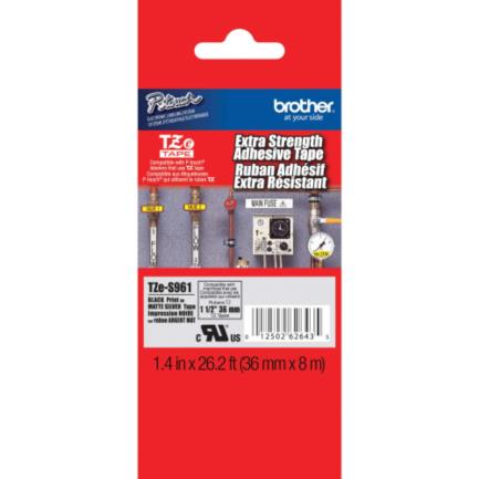 Cinta brother tzes961 laminada extra resistente texto negro sobre fondo plateado mate 36mmx8m