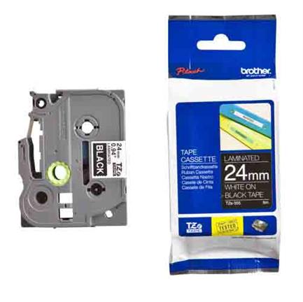 Cinta brother tze355 laminada blanco sobre fondo negro 24mmx8m