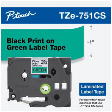 Cinta de Etiquetas Laminada Brother TZE751 P-touch con texto en negro sobre fondo verde - Artículos Promocionales MAS RECIO