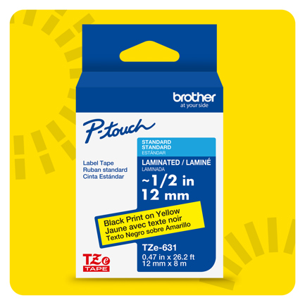 Cinta Laminada Brother Estandar Texto negro sobre cinta amarilla de 12mm x 8m - Artículos Promocionales MAS RECIO