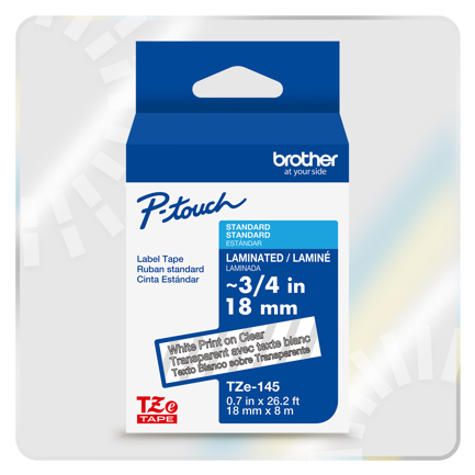 Cinta Laminada Brother Estandar Texto blanco sobre cinta transparente de 18mm x 8m - MAS RECIO