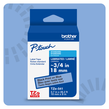 Cinta laminada brother estandar texto negro sobre cinta azul de 18mm x 8m