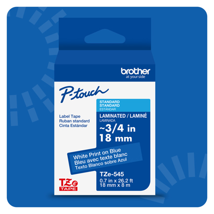 Cinta Laminada Brother Estándar Texto Blanco sobre Cinta Azul de 18mm x 8m - Artículos Promocionales MAS RECIO