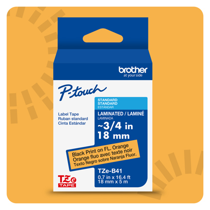 Cinta Laminada Brother Estandar Texto negro sobre cinta naranja fluorescente de 18mm x 5m - Artículos Promocionales MAS RECIO