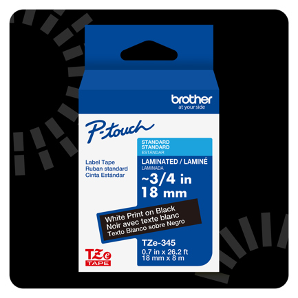 Cinta laminada brother est&aacute;ndar texto blanco sobre cinta negra de 18mm x 8m