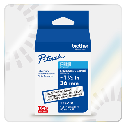 Cinta Laminada Brother Estándar Texto Negro sobre Cinta Transparente de 36mm x 8m - Artículos Promocionales MAS RECIO