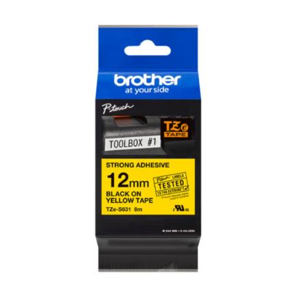 Cinta brother tzes631 laminada súper adhesiva texto negro fondo amarillo 12mmx8m
