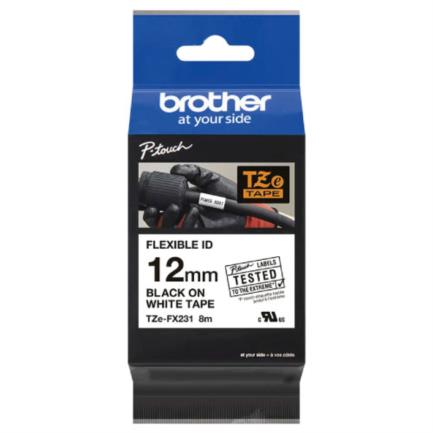 Cinta brother tzefx231 laminada flexible texto negro fondo blanco 12mmx8m