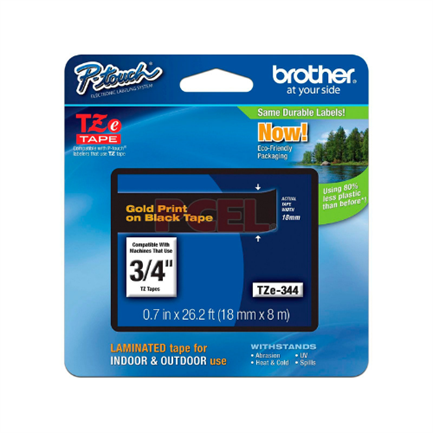 Cinta brother tze344 laminada dorado sobre negro 18mmx8m