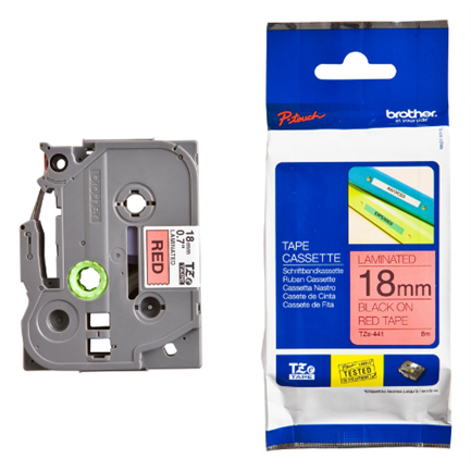 Cinta brother tze441 laminada texto negro sobre fondo rojo 18mmx8m pt300/310b/330/530