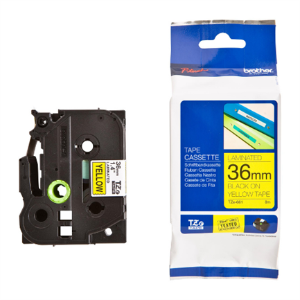 Cinta brother tze661 laminada texto negro sobre fondo amarillo 36mmx8m pt530