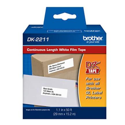 Cinta etiquetadora brother dk2211 papel pl&aacute;stico negro sobre blanco longitud continua 29mmx15.2 m