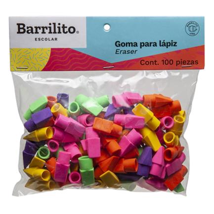BRPBOAAB001 - Goma Barrilito para Lápiz Colores Surtidos Bolsa C/100 Pzas