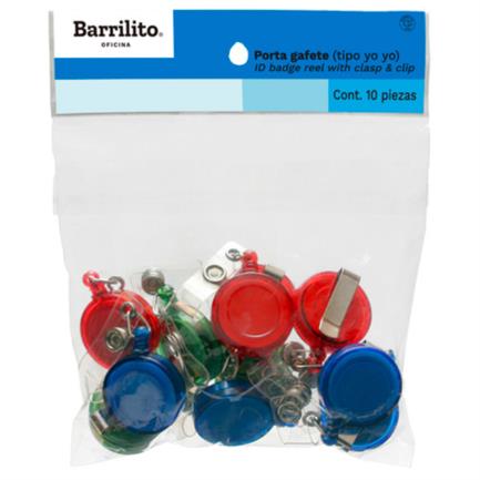 Porta gafete barrilito retr&aacute;ctil tipo yo-yo bolsa c/12 pzas