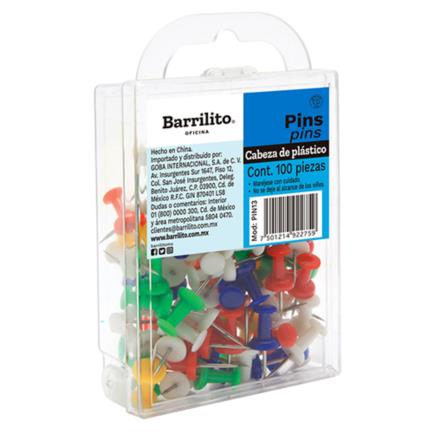 Pines barrilito pl&aacute;stico colores surtidos caja c/100 pzas