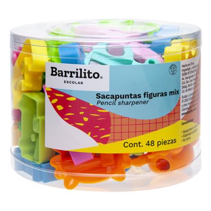 Sacapuntas barrilito mix figuras bote c/48 pzas