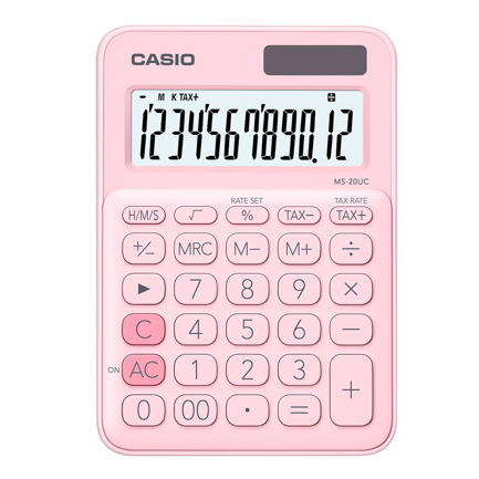 Calculadora de escritorio casio ms-20uc de 12 digitos rosa calculo de impuestos y tiempo doble alimentacion