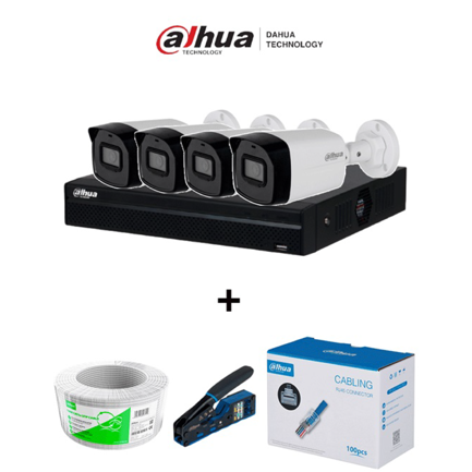 Camara Dahua NVR1104HS P S3 NVR 4CH 4 Cámaras IPC B1E20 Bobina 100m 100 Plugs Pinza de Corte