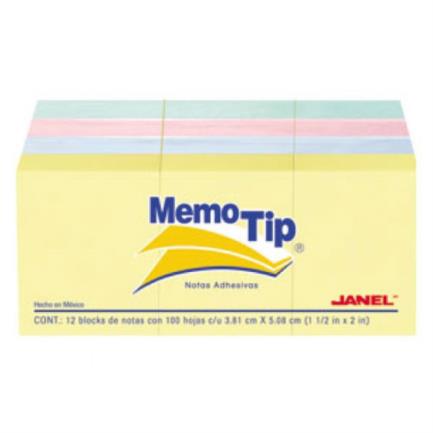 Notas adhesivas janel memo tip pastel 1.5"x2" 4 colores paquete c/12