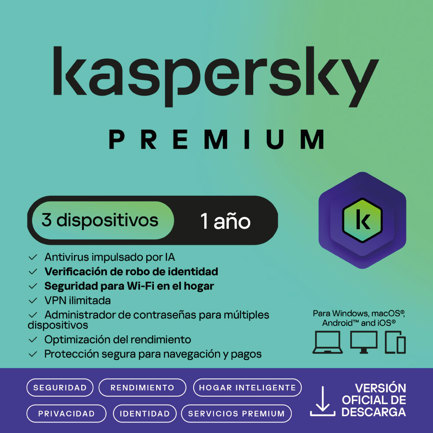 Licencia Antivirus ESD Kaspersky Premium 1 Año 3 Dispositivos 2 Cuentas KPM