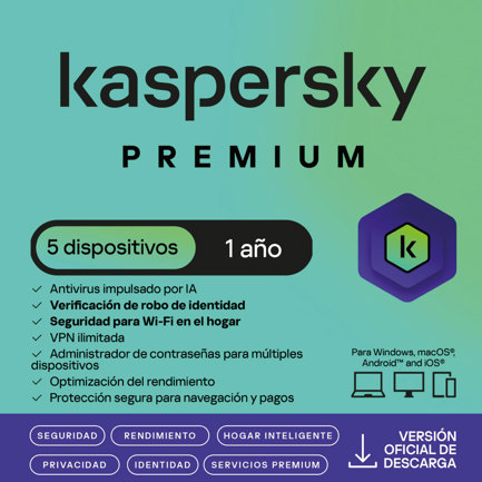 Licencia Antivirus ESD Kaspersky Premium 1 Año 5 Dispositivos 3 Cuentas KPM