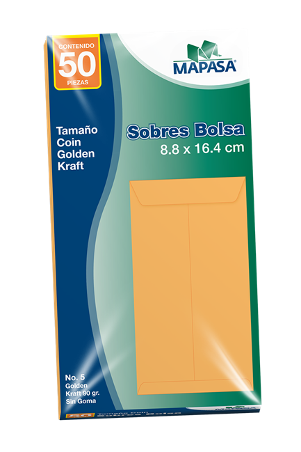 MAPSOBAB067 - Sobre COIN Kraft Mapasa 60Kg Pegue al Centro Solapa Engomada 8.8x16.4cm 10 Pqtes C/50 Sobres c/u