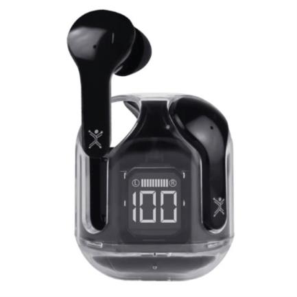 Aud&iacute;fonos inal&aacute;mbricos perfect choice tws estuche transparente clearbeat con indicador de carga color negro
