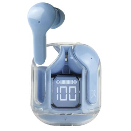 Aud&iacute;fonos inal&aacute;mbricos perfect choice tws estuche transparente clearbeat con indicador de carga color azul