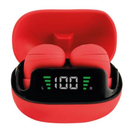 Aud&iacute;fonos inal&aacute;mbricos perfect choice tws mini tiny beats con indicador de carga color rojo