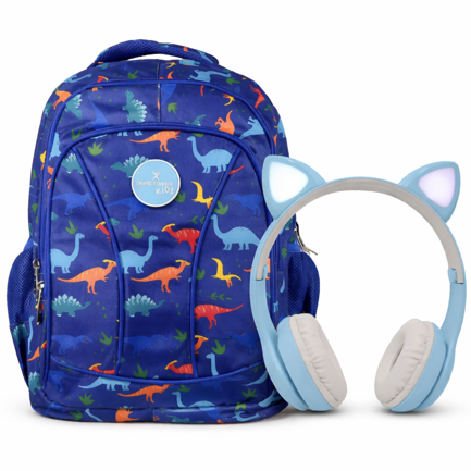 Kit perfect choice de mochila brooklyn dinosaurio y aud&iacute;fonos catto color azul