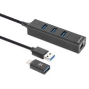 Adaptador de Red Manhattan USB A/C con Hub V3 Color Negro - MAS RECIO