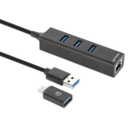 Adaptador de Red Manhattan USB A/C con Hub V3 Color Negro