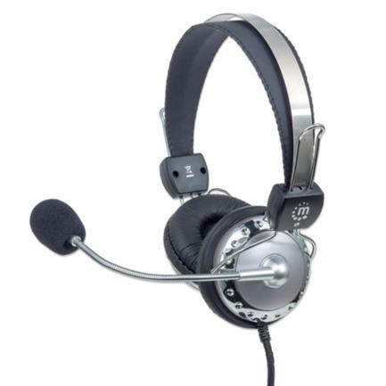 Audífonos manhattan estéreo micrófono extensión metálica flexible color negro-plata