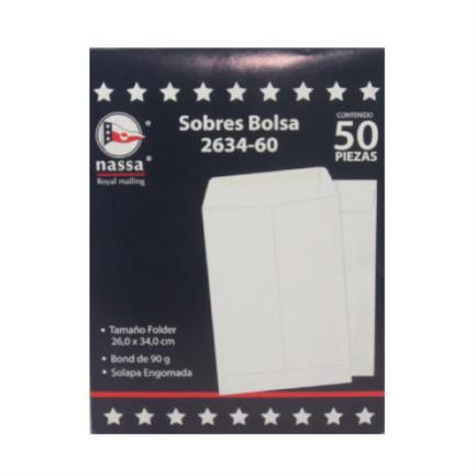 Sobre bolsa nassa bond blanco 2634 folder 26cm x 34cm empaque 8-50/400
