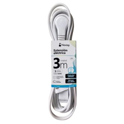 Extension electrica nextep para casa/oficina 16awg 3m clavija plana blanca