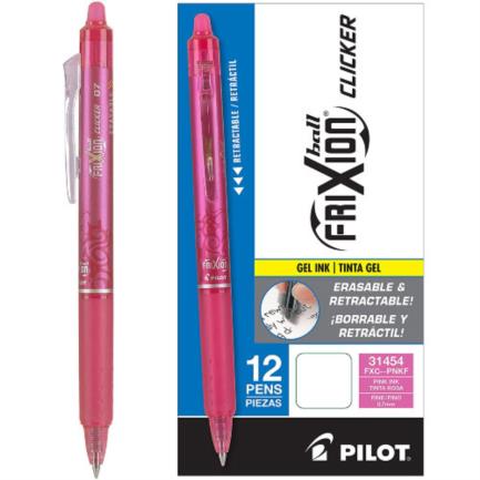 Bolígrafo pilot frixion clicker borrable retráctil color rosa caja c/12 pzas