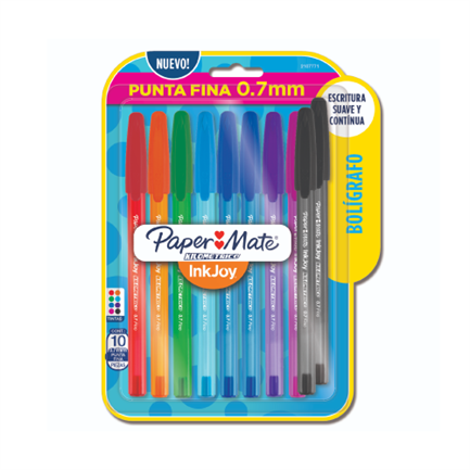 Bolígrafo Papermate InkJoy Kilometrico Punta Fina 0.7mm Colores Surtidos Blister C/10 Pzas - MAS RECIO
