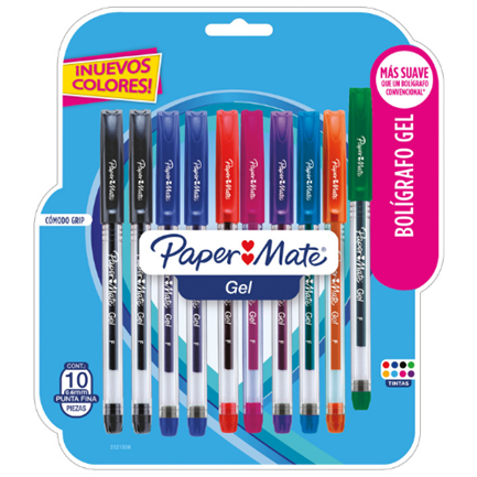Bol&iacute;grafo papermate gel econ&oacute;mico colores surtidos blister c/10 pzas