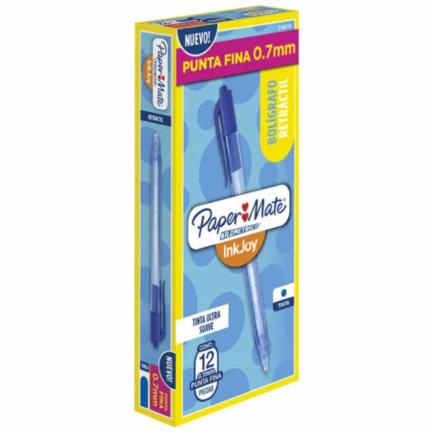 Bolígrafo papermate kilométrico retráctil punto fino 0.7mm color azul caja c/12 pzas
