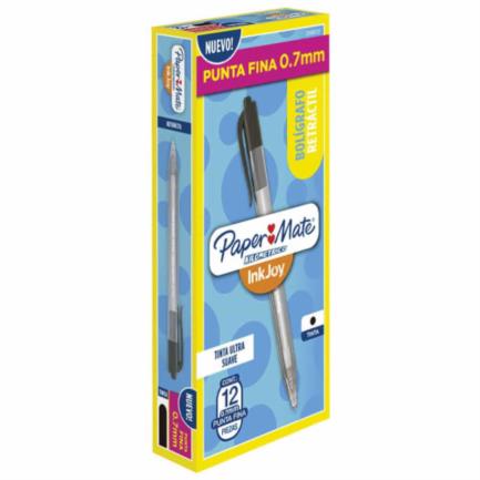 Bolígrafo papermate kilométrico retráctil punto fino 0.7mm color negro caja c/12 pzas