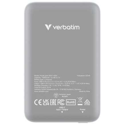 Cargador Verbatim Charge and Go Power Bank Carga Inalámbrica 10000mAh Magnetica Color Gris