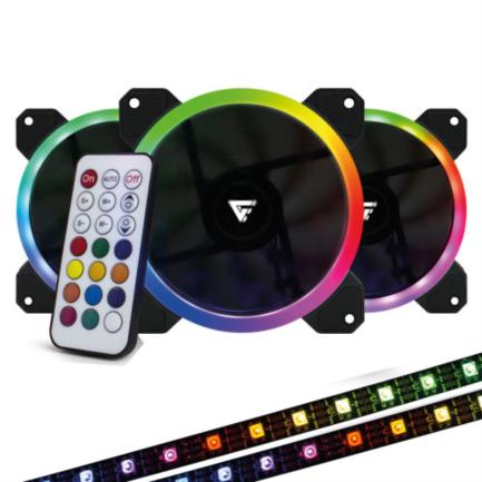 Kit ventiladores game factor fkg400 3 fans 12mm rgb 2 tiras led control remoto