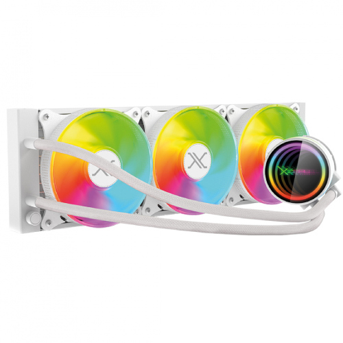 Enfriamiento liquido xzeal 360mm redondo xz-411 cpu 3fanx120mm argb 3 pines+pwm 4 pines+seguro intel/amd blanco