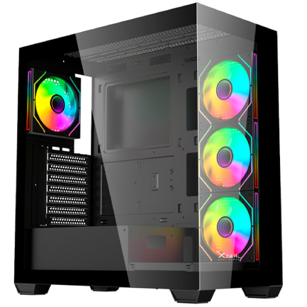 Gabinete Gamer Mid Tower Xzeal  ATX Panel Der. Vidrio + Metal 2xUSB1.0 + 1xUSD3.0 + 3.5 mm + 4 ARGB Fans + 1 HUB Negro